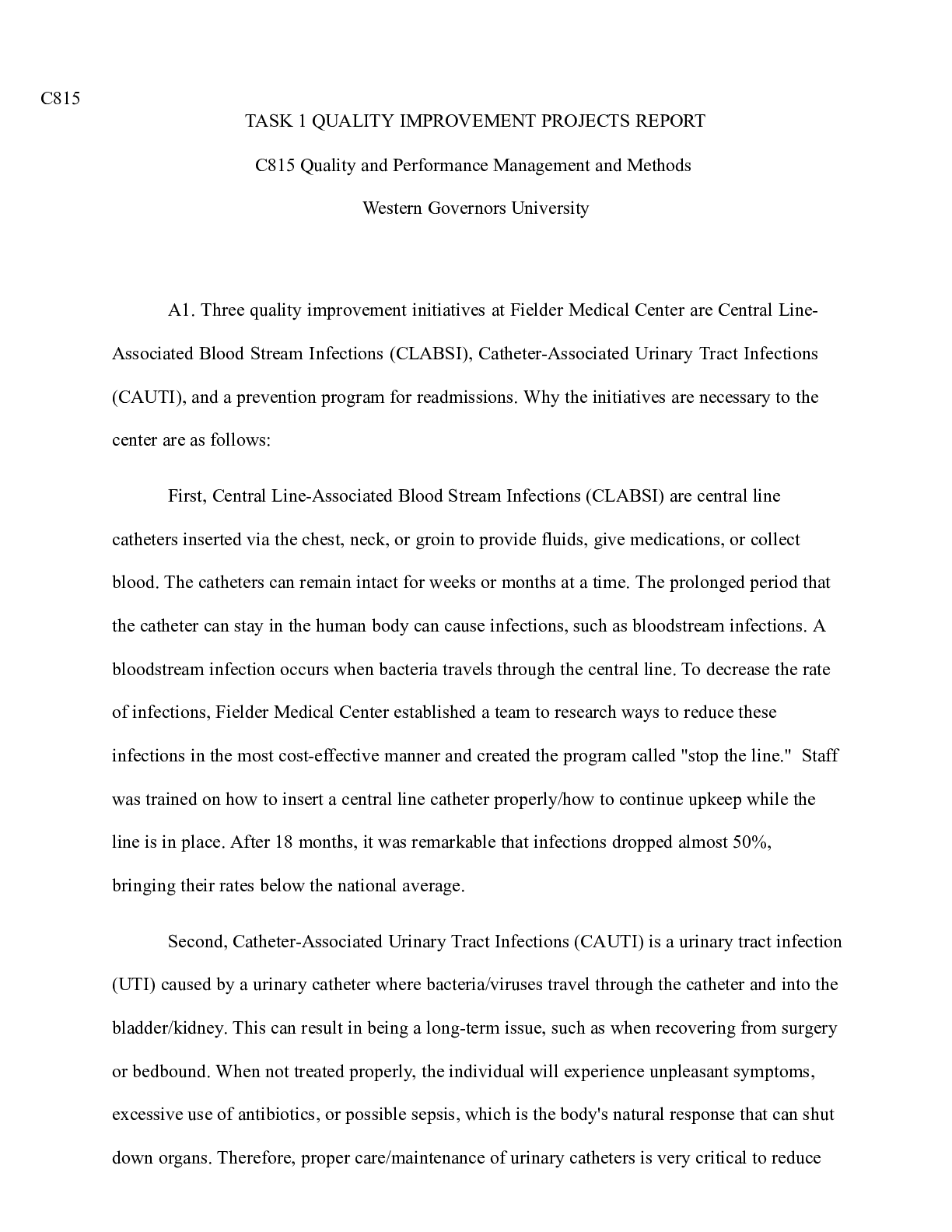 Preview image of TASK 1 QUALITY IMPROVEMENT PROJECTS REPORT..docx    C815  TASK 1 QUALITY IMPROVEMENT PROJE document